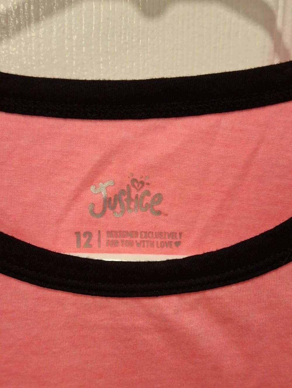 Justice Pink Long-Sleeve Graphic Tee with Black Trim. Size 12